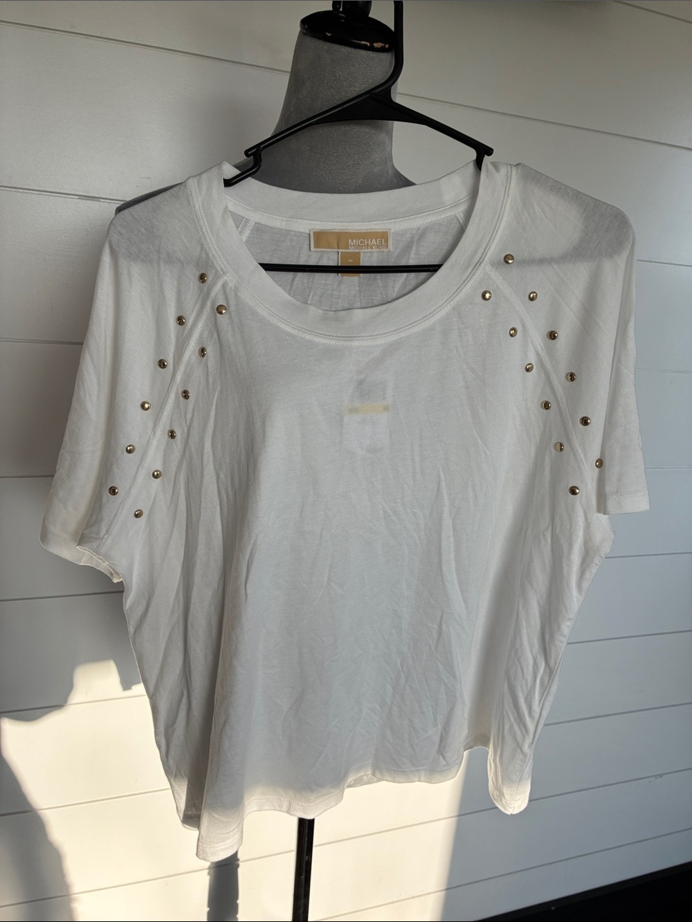 Michael Kors White Short Sleeve Tee with Gold Stud Details Sz M NWT/0420